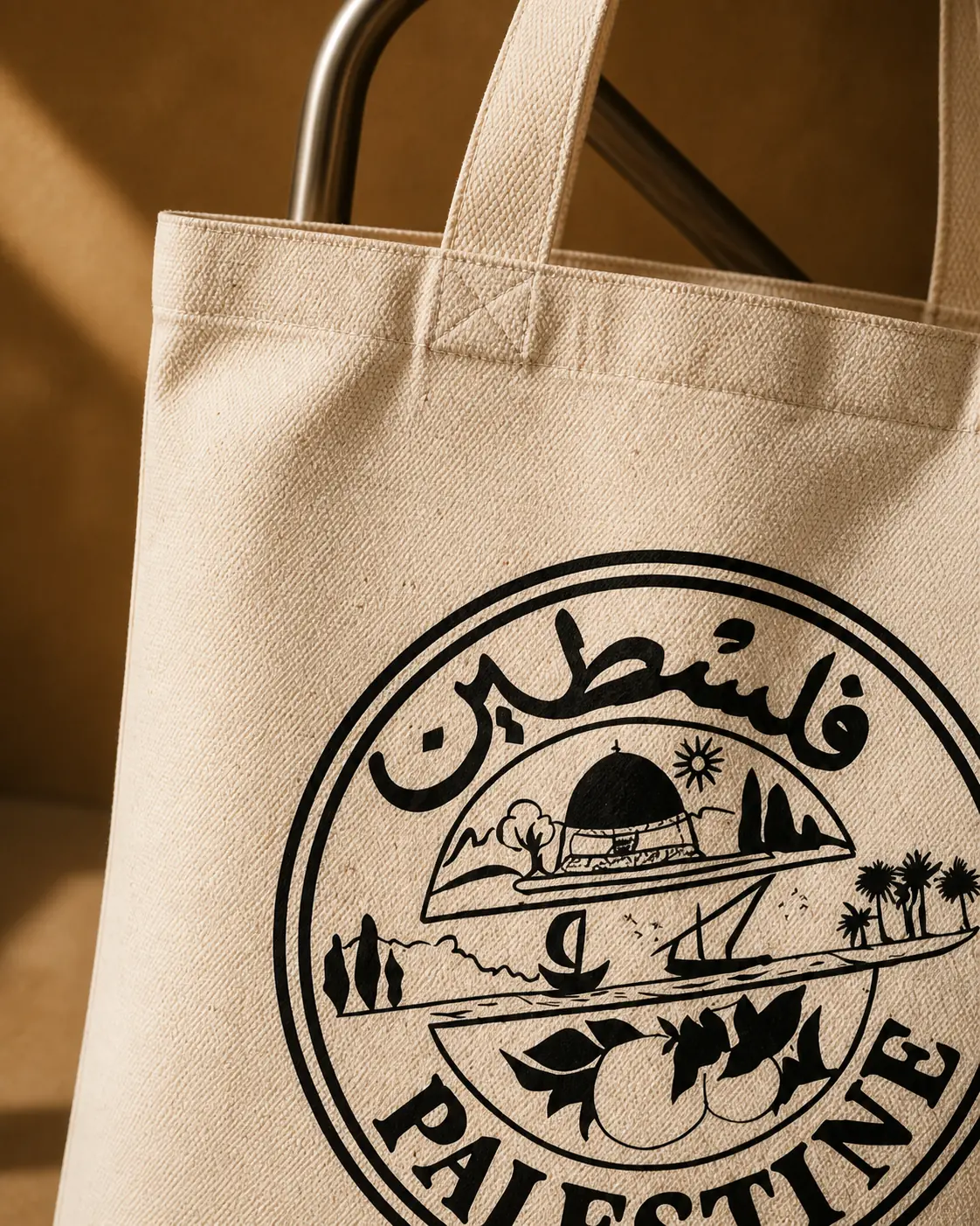 Close on the Palestine seal printed on the canvas, the Dome and the calligraphy in black ink across the weave
